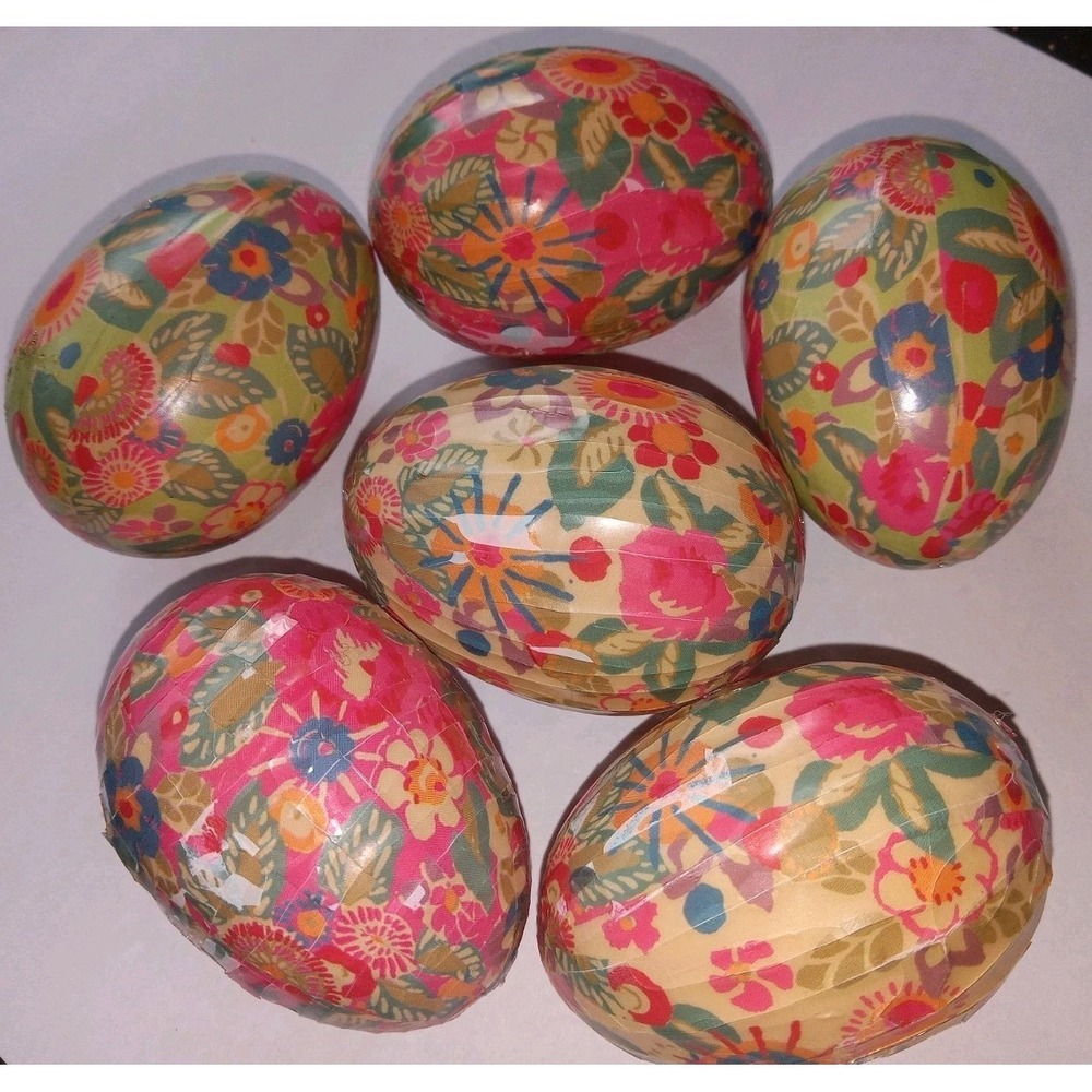 6 Vtg Kashmiri Papier Paper Mache Eggs Hand Painted Floral Easter Decor India
